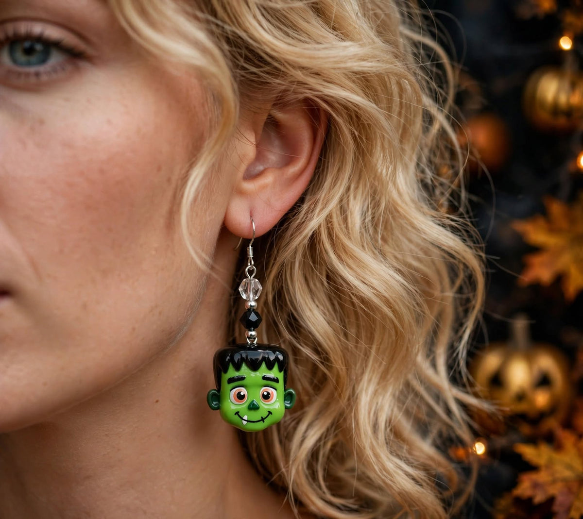 Handmade Frankenstein Head Clay & Resin Earrings - Cute Halloween Dangle Jewelry
