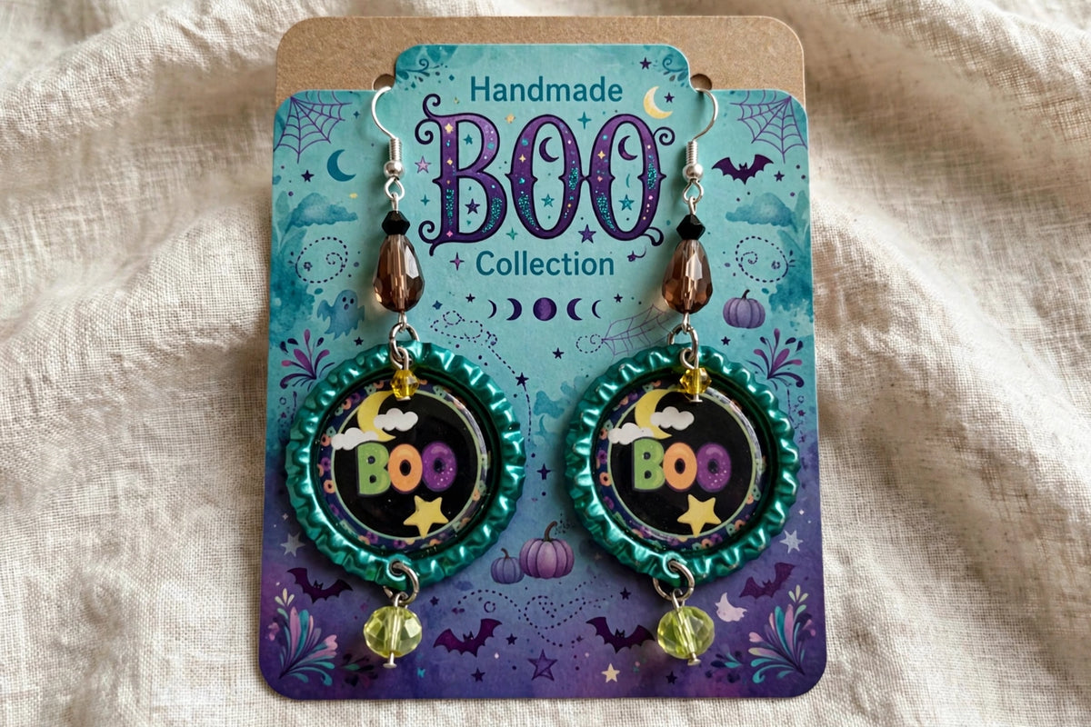 Halloween Boo Bottlecap Earrings - Spooky Cute Dangle Jewelry