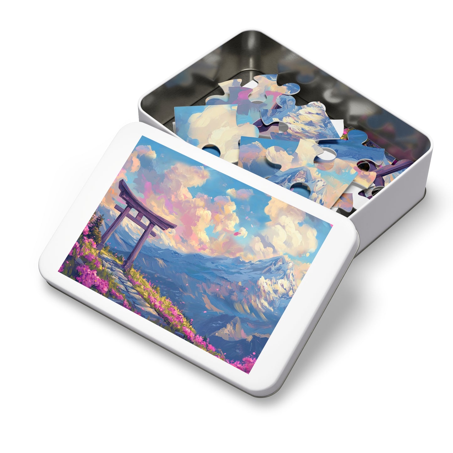 Serene Torii Gate Jigsaw Puzzle with Tin - Japanese Cherry Blossom Mountain Landscape