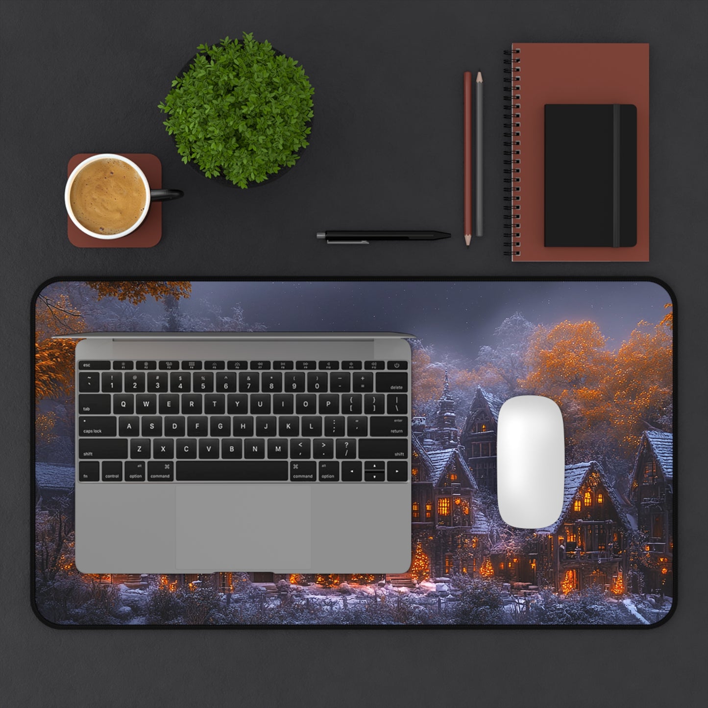 Rustic Winter Village Desk Mat - Lovely Snowy Desk Mat for Gamers - Holiday Gift Idea