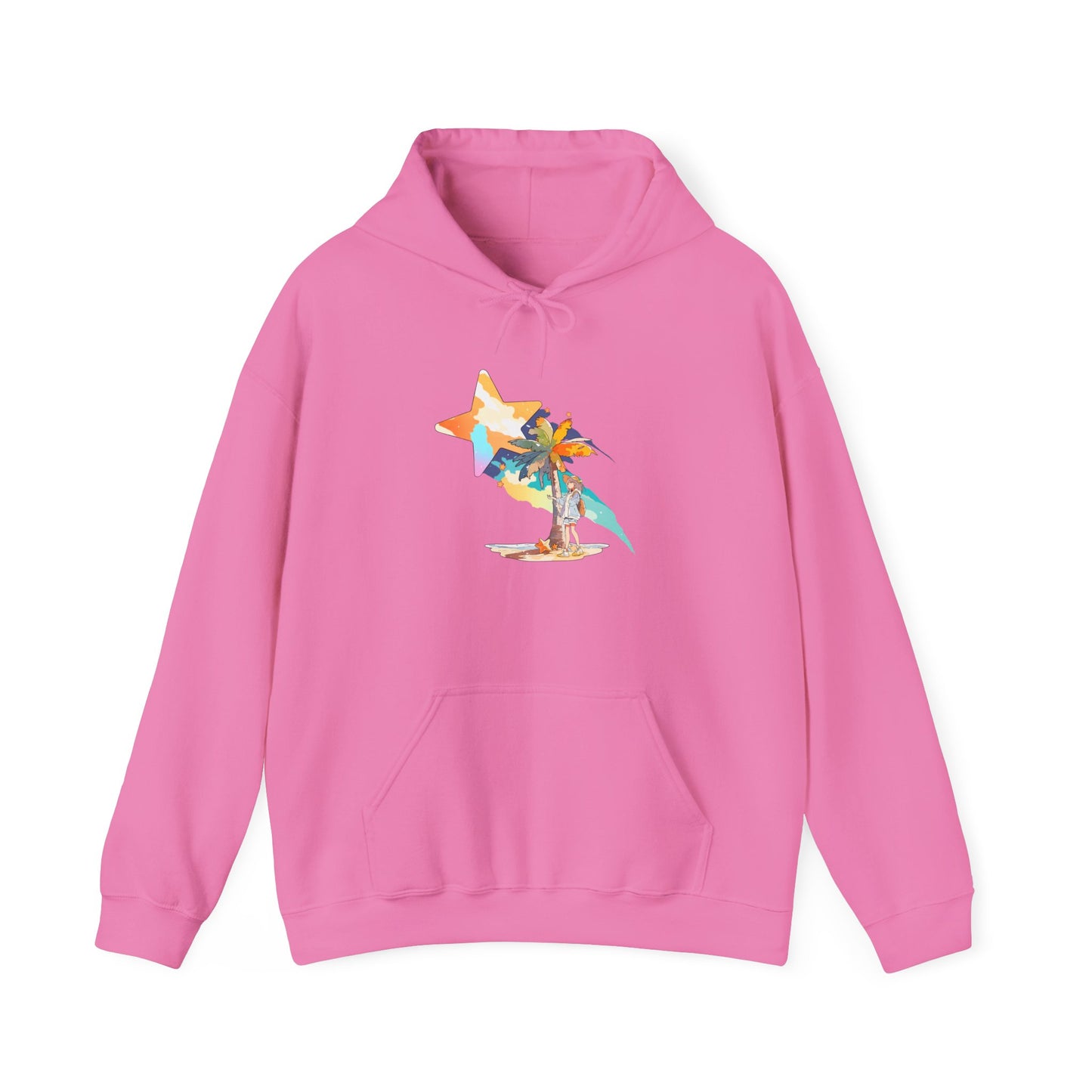 Anime Summer-Themed Unisex Heavy Blendâ„¢ Hooded Sweatshirt with Art of Girl & Coconut Tree under a Shooting Star - Warm Tropical Vibes