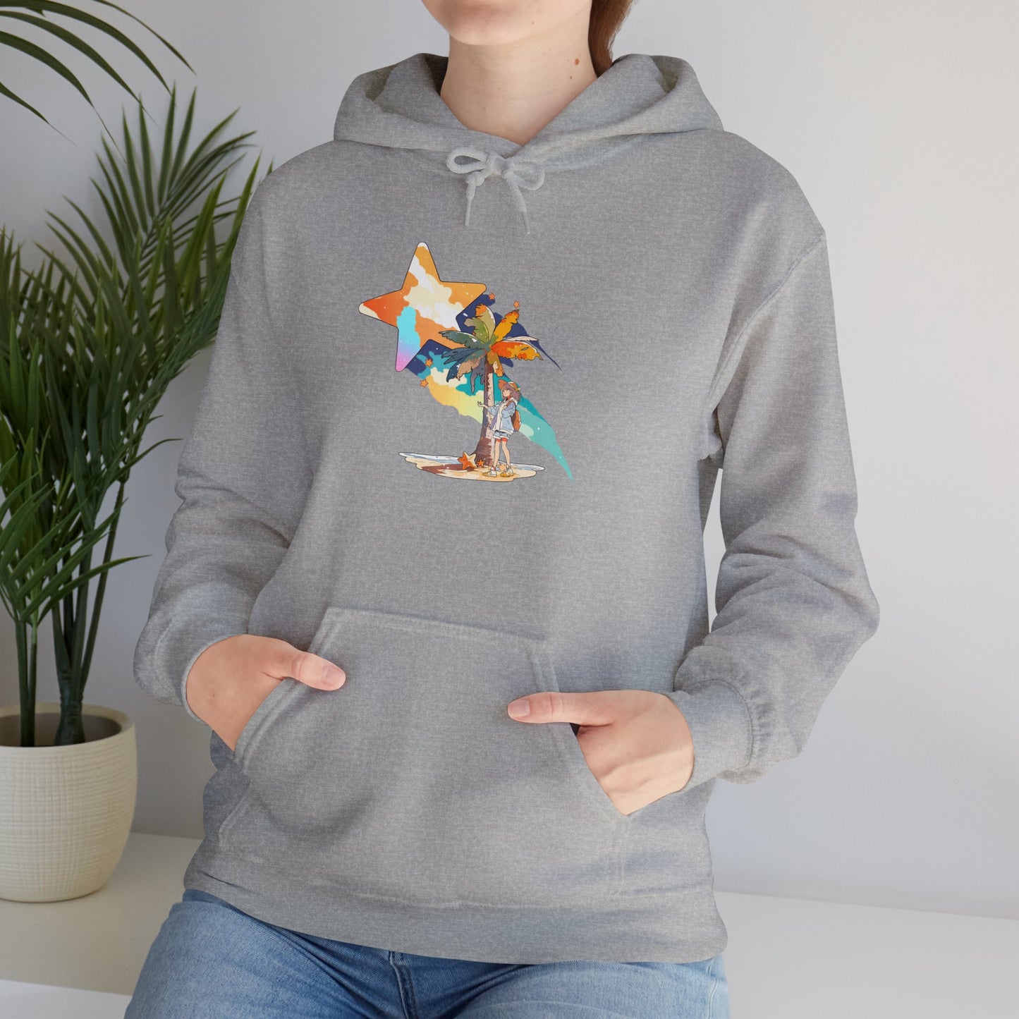 Anime Summer-Themed Unisex Heavy Blendâ„¢ Hooded Sweatshirt with Art of Girl & Coconut Tree under a Shooting Star - Warm Tropical Vibes