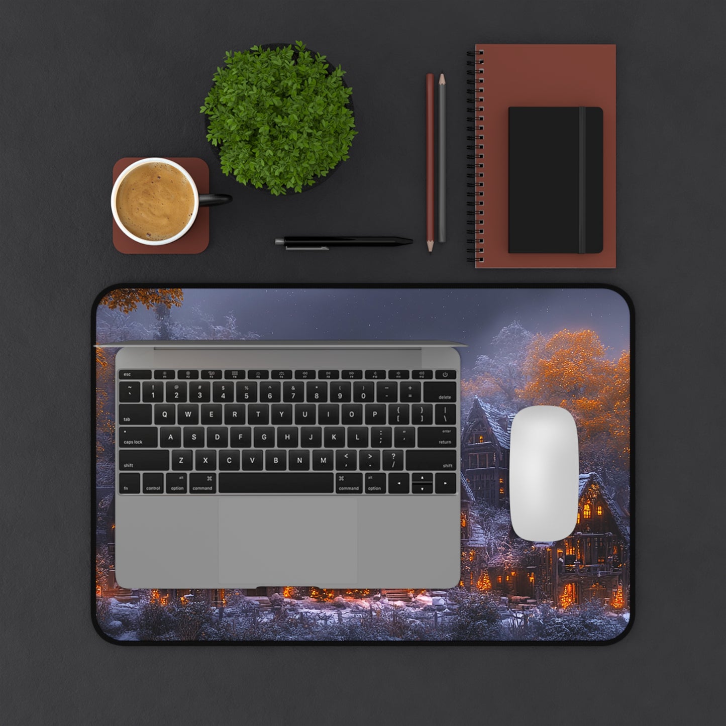 Rustic Winter Village Desk Mat - Lovely Snowy Desk Mat for Gamers - Holiday Gift Idea