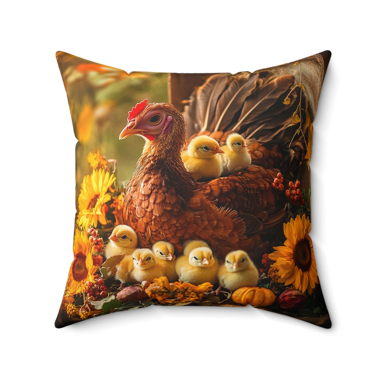 Charming Turkey With Chicks and Sunflowers Spun Polyester Square Pillow