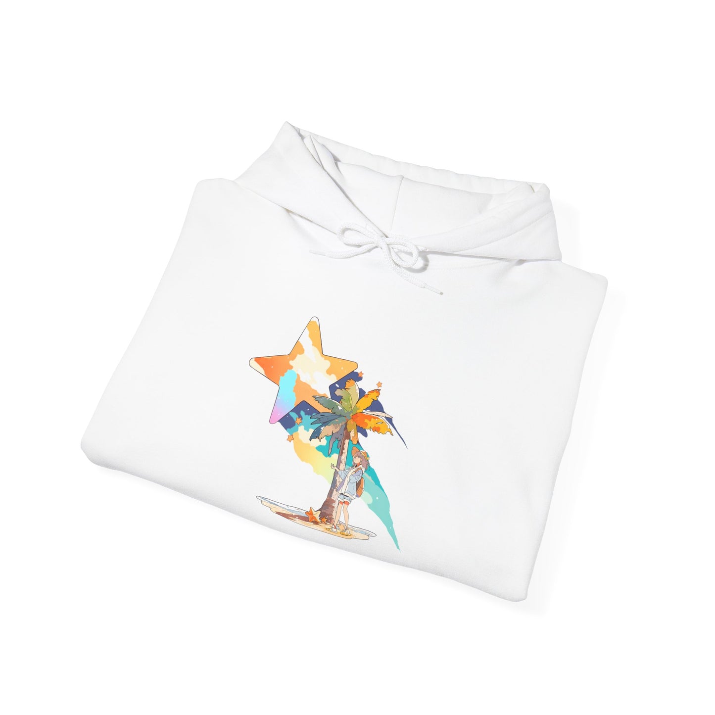 Anime Summer-Themed Unisex Heavy Blendâ„¢ Hooded Sweatshirt with Art of Girl & Coconut Tree under a Shooting Star - Warm Tropical Vibes