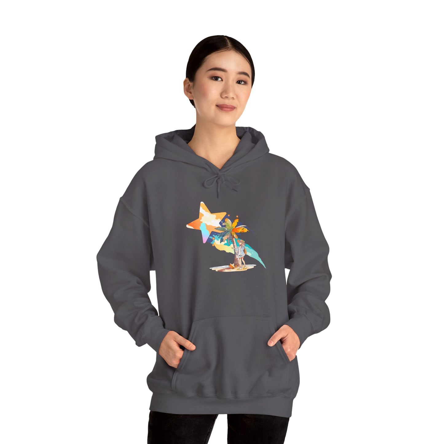 Anime Summer-Themed Unisex Heavy Blendâ„¢ Hooded Sweatshirt with Art of Girl & Coconut Tree under a Shooting Star - Warm Tropical Vibes
