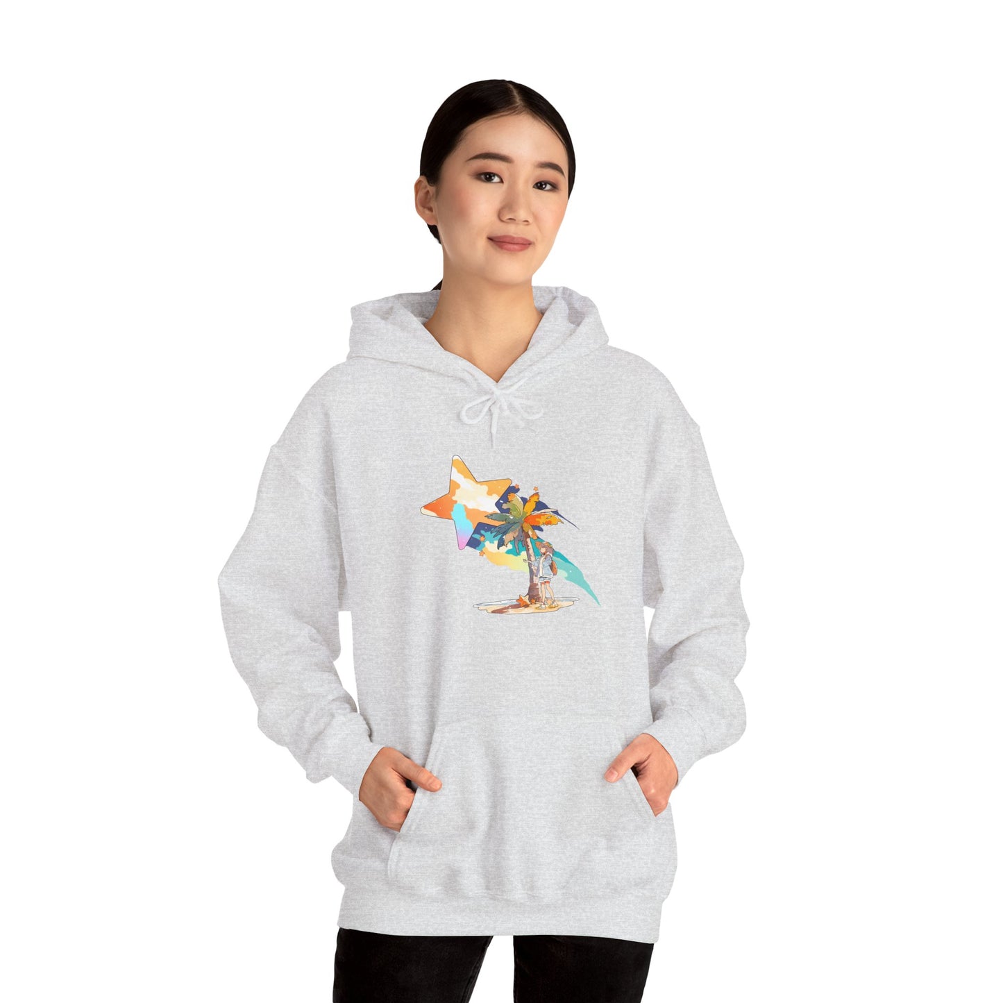 Anime Summer-Themed Unisex Heavy Blendâ„¢ Hooded Sweatshirt with Art of Girl & Coconut Tree under a Shooting Star - Warm Tropical Vibes