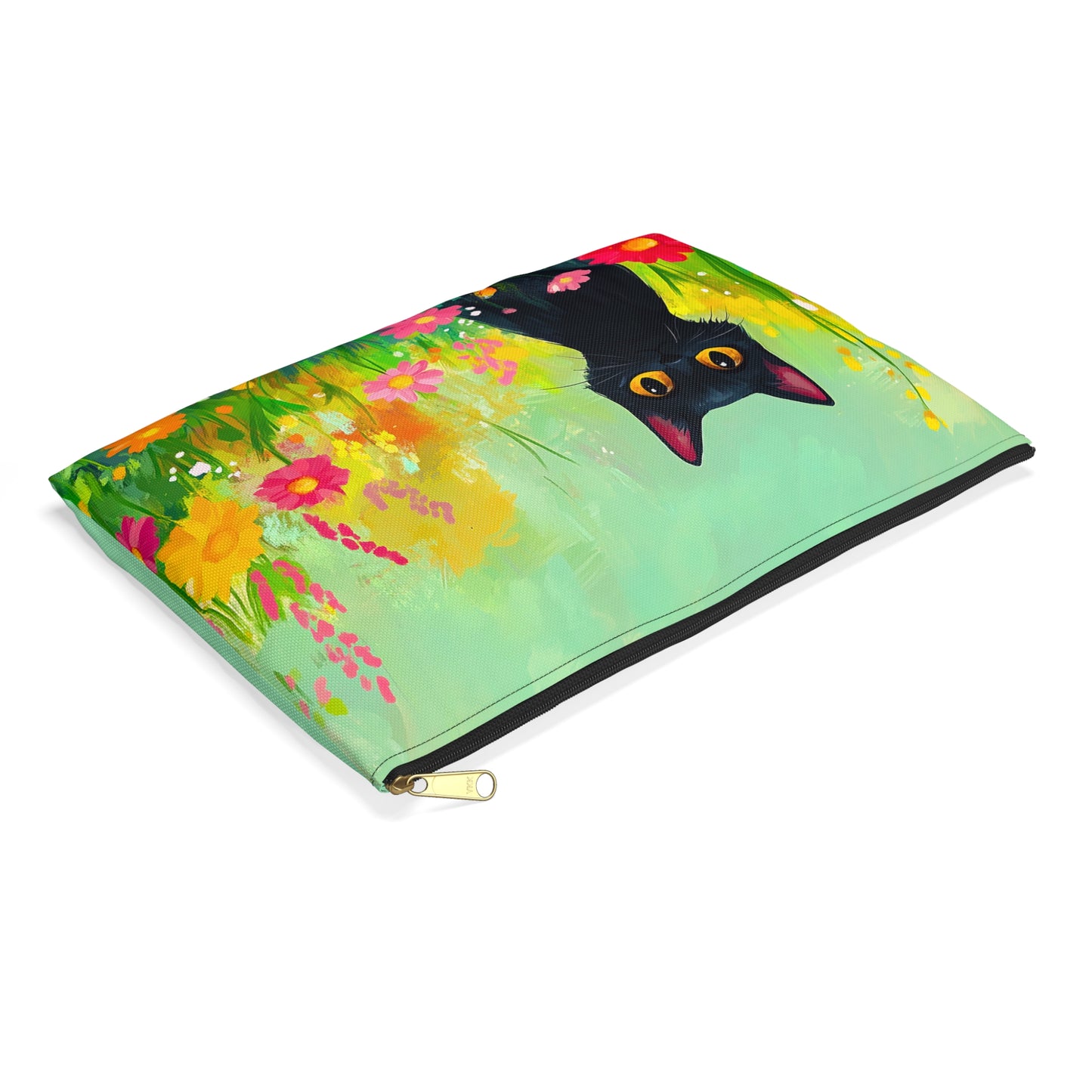 Painterly Black Cat in a Field of Flowers Accessory Pouch - Vibrant and Unique