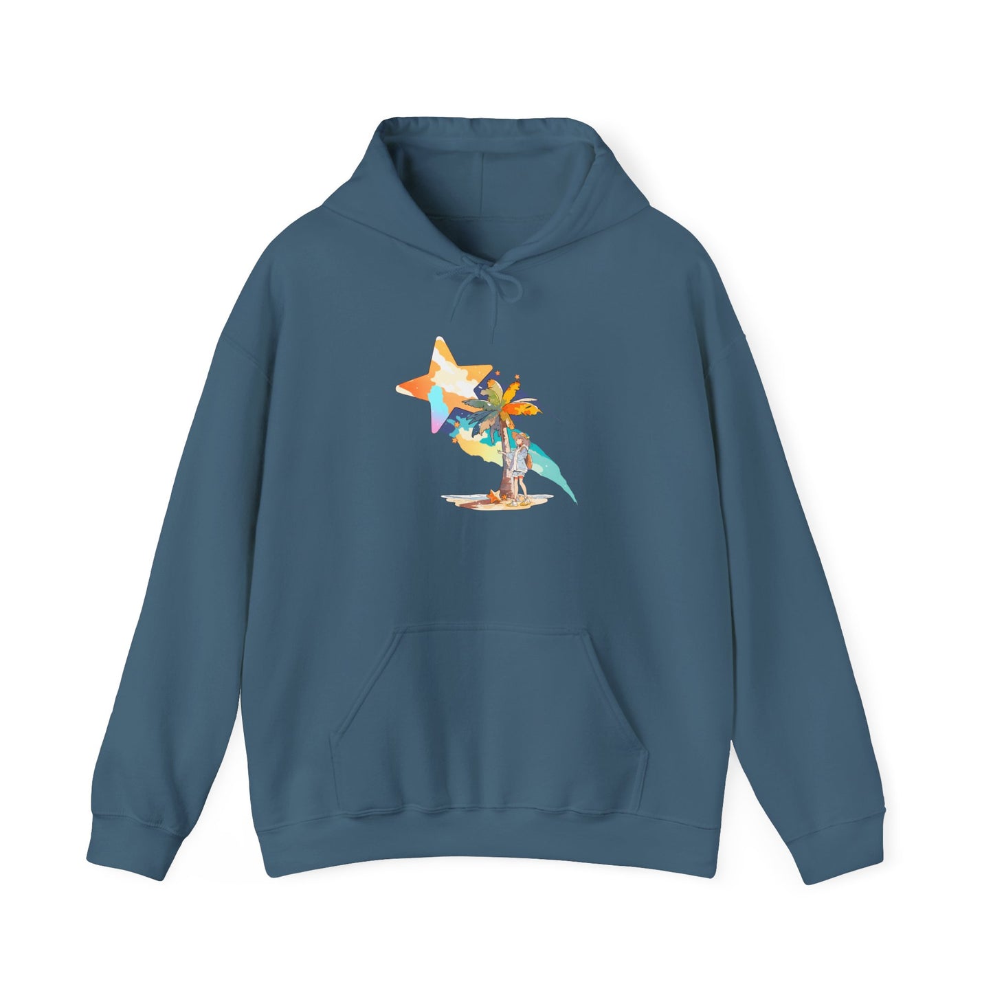 Anime Summer-Themed Unisex Heavy Blendâ„¢ Hooded Sweatshirt with Art of Girl & Coconut Tree under a Shooting Star - Warm Tropical Vibes