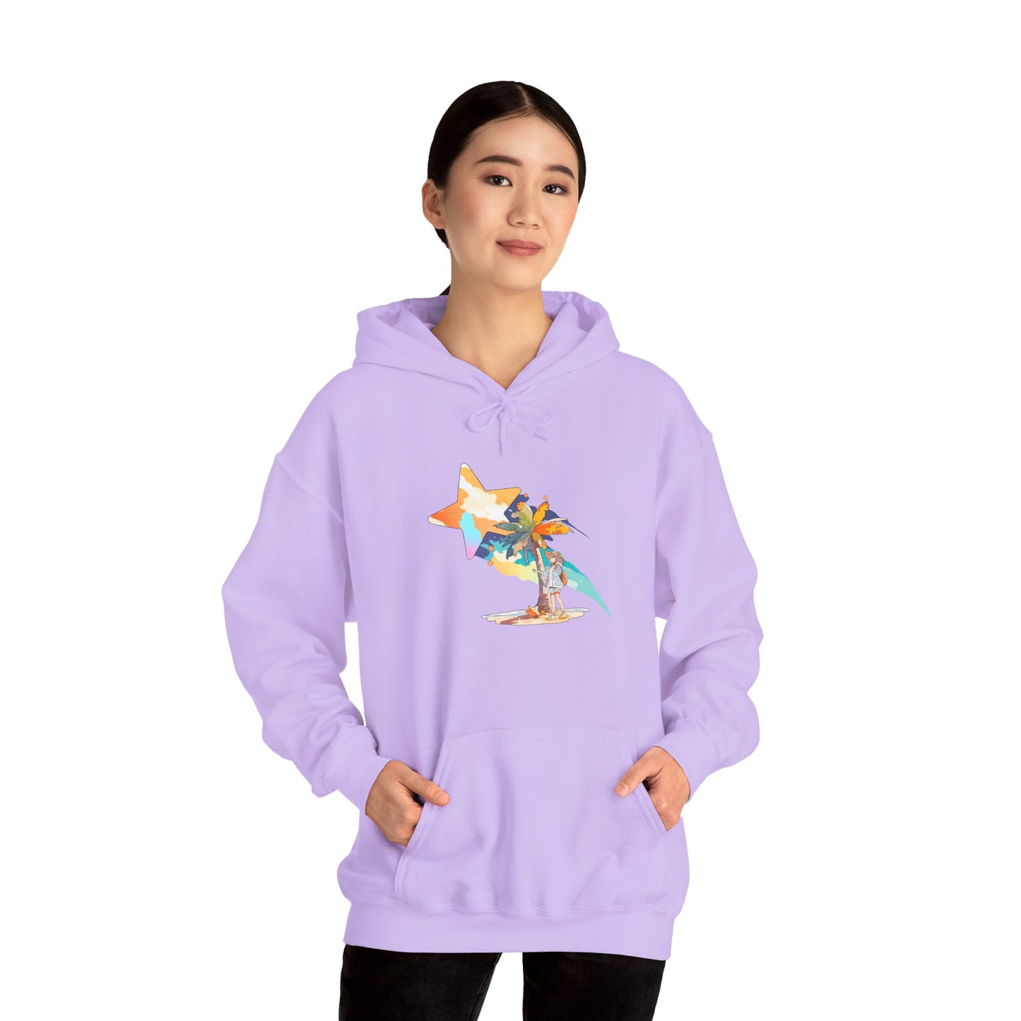 Anime Summer-Themed Unisex Heavy Blendâ„¢ Hooded Sweatshirt with Art of Girl & Coconut Tree under a Shooting Star - Warm Tropical Vibes