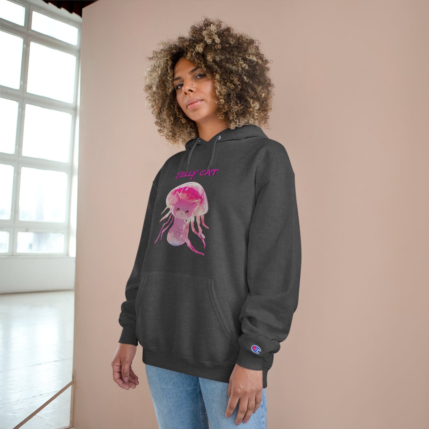 Cute Jellyfish Ghost Cat Hoodie - Pink Jellyfish Cat Design - Champion Pullover for Women & Men