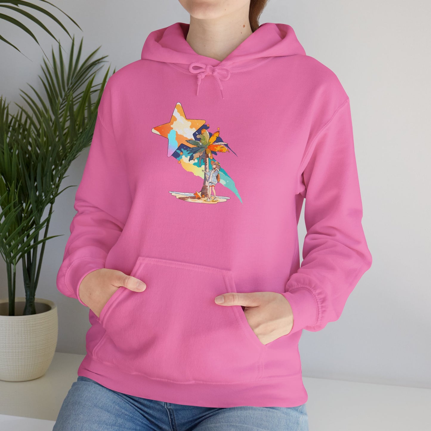 Anime Summer-Themed Unisex Heavy Blendâ„¢ Hooded Sweatshirt with Art of Girl & Coconut Tree under a Shooting Star - Warm Tropical Vibes