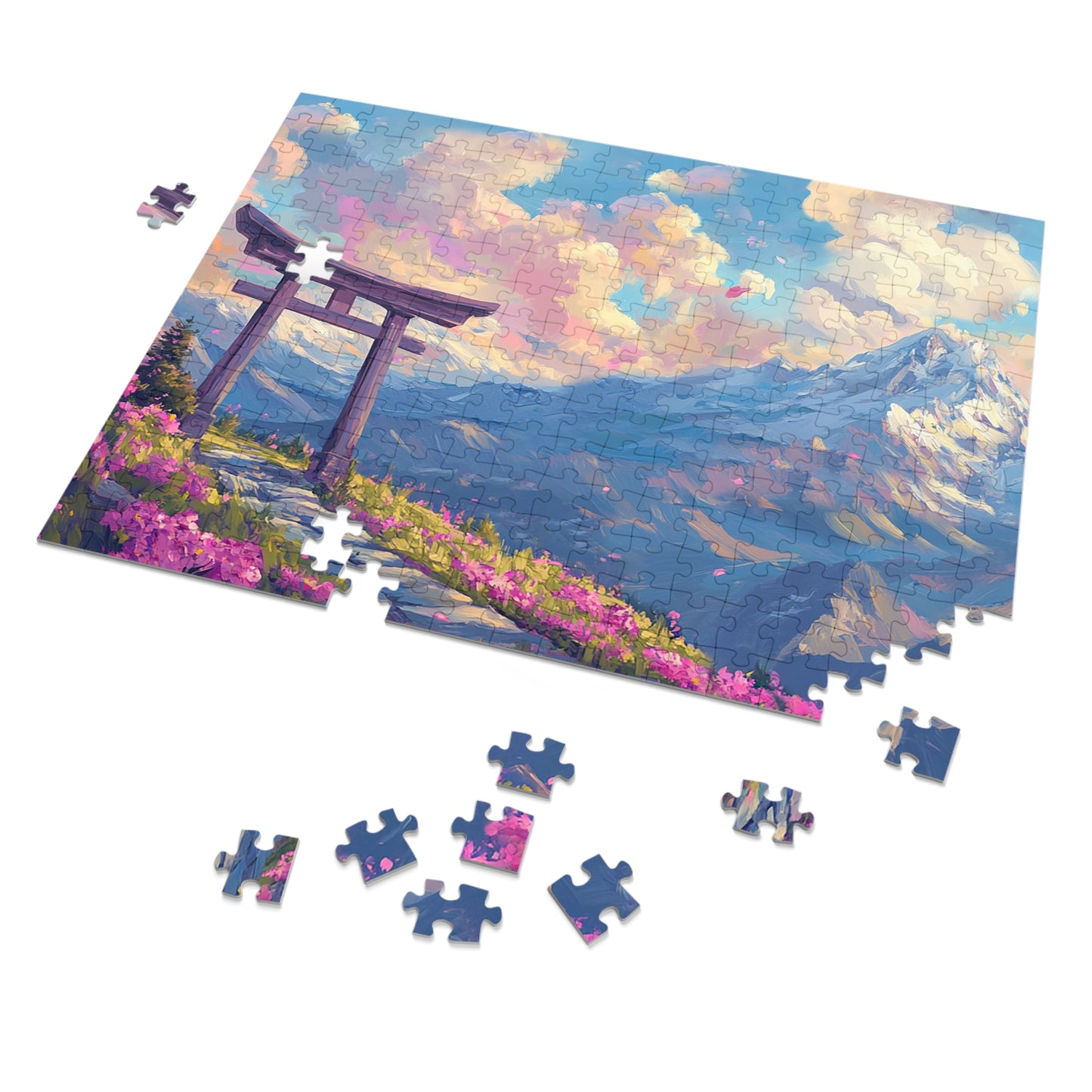 Serene Torii Gate Jigsaw Puzzle with Tin - Japanese Cherry Blossom Mountain Landscape