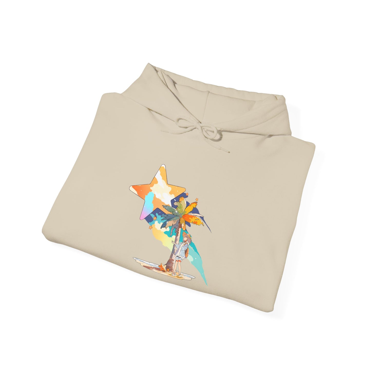 Anime Summer-Themed Unisex Heavy Blendâ„¢ Hooded Sweatshirt with Art of Girl & Coconut Tree under a Shooting Star - Warm Tropical Vibes