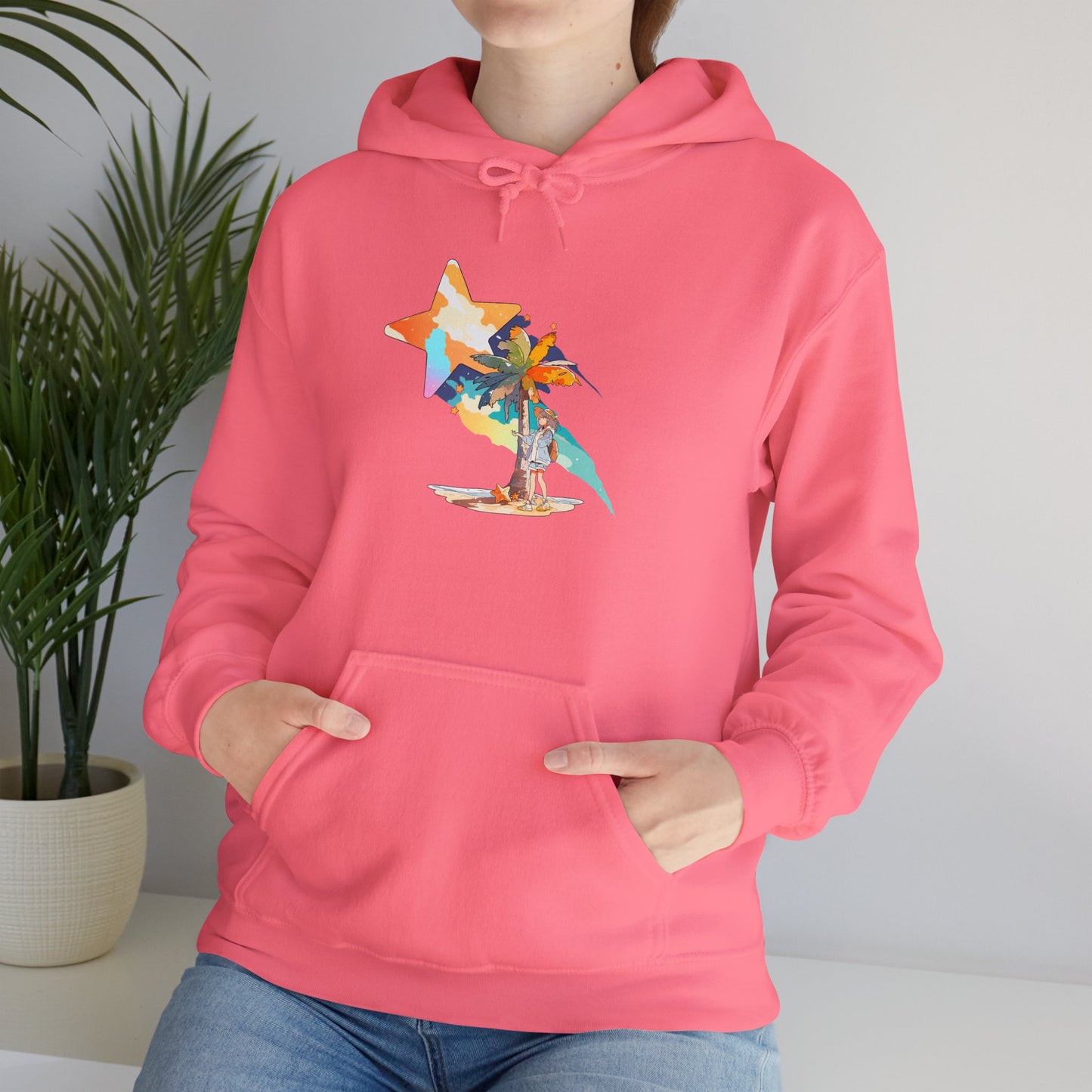 Anime Summer-Themed Unisex Heavy Blendâ„¢ Hooded Sweatshirt with Art of Girl & Coconut Tree under a Shooting Star - Warm Tropical Vibes