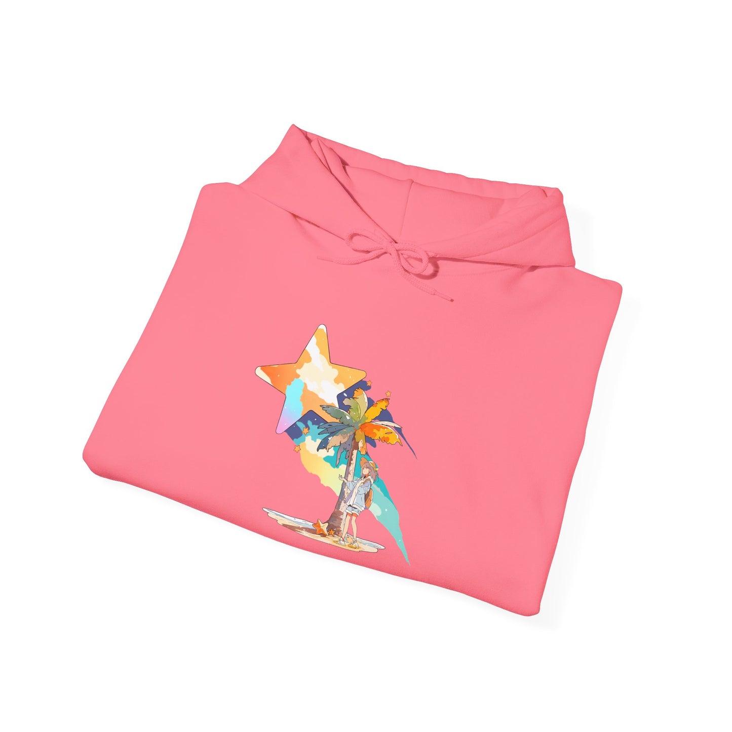 Anime Summer-Themed Unisex Heavy Blendâ„¢ Hooded Sweatshirt with Art of Girl & Coconut Tree under a Shooting Star - Warm Tropical Vibes