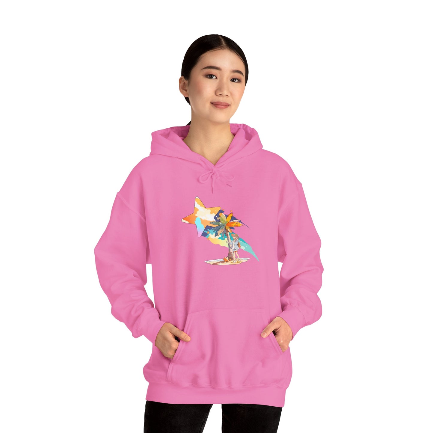 Anime Summer-Themed Unisex Heavy Blendâ„¢ Hooded Sweatshirt with Art of Girl & Coconut Tree under a Shooting Star - Warm Tropical Vibes