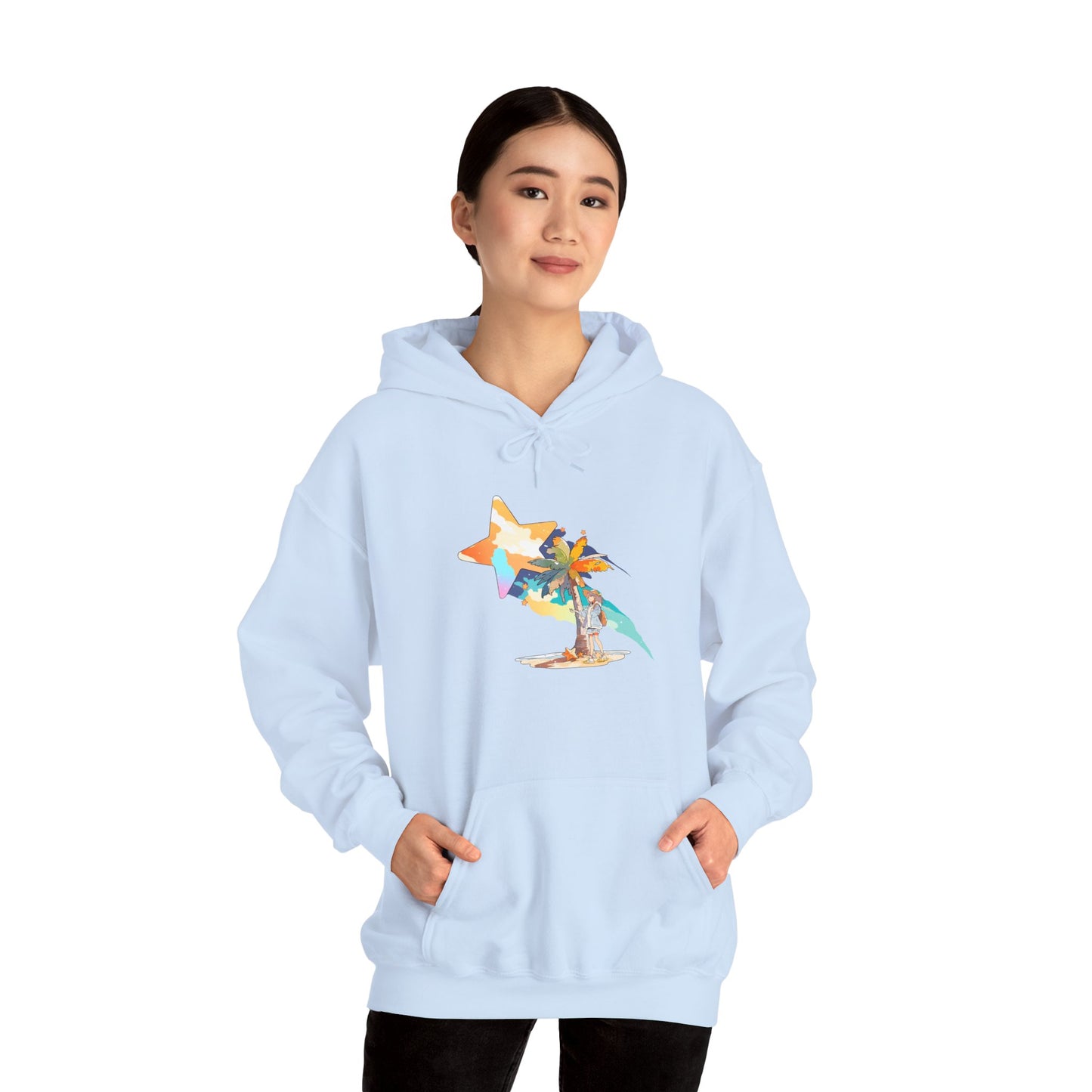 Anime Summer-Themed Unisex Heavy Blendâ„¢ Hooded Sweatshirt with Art of Girl & Coconut Tree under a Shooting Star - Warm Tropical Vibes