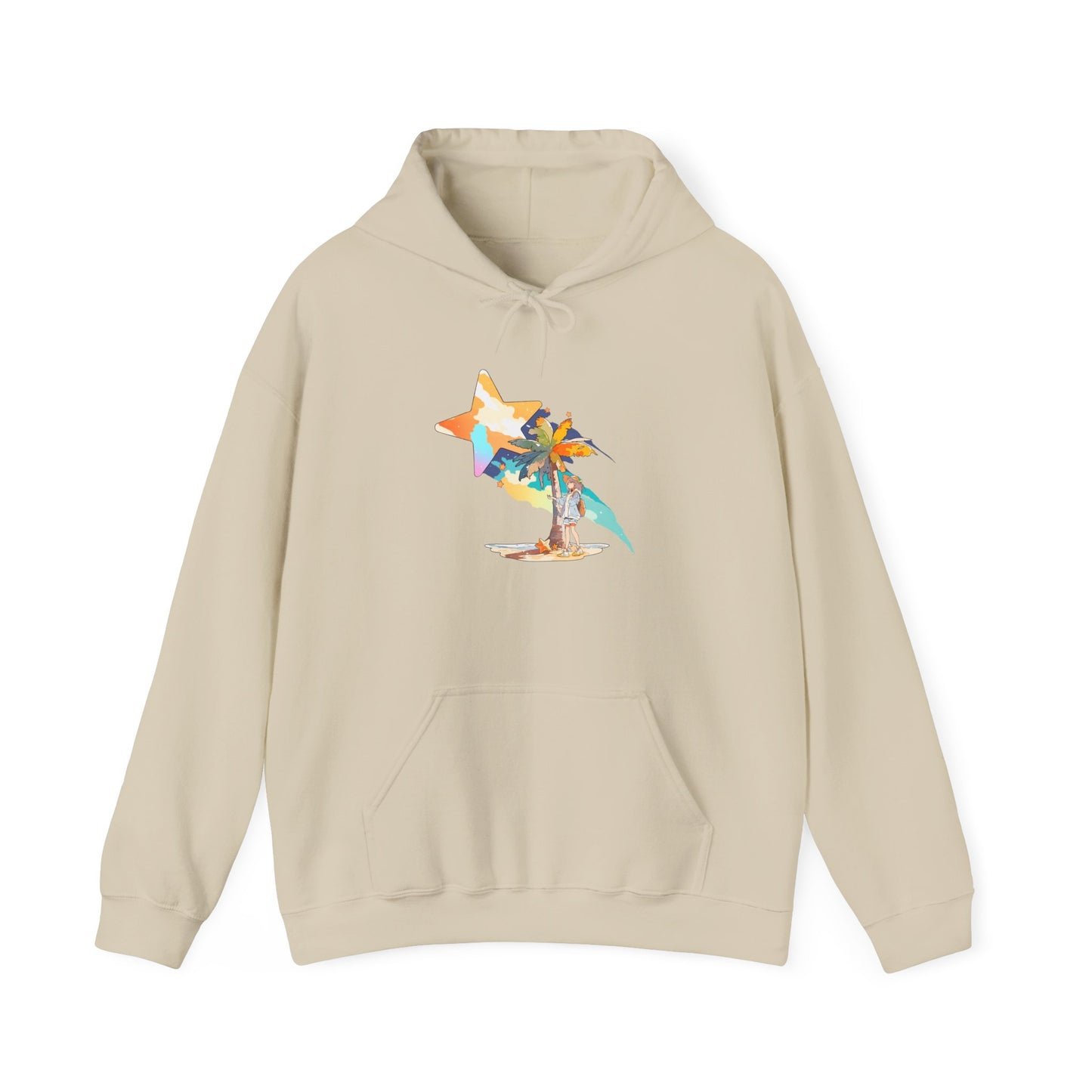 Anime Summer-Themed Unisex Heavy Blendâ„¢ Hooded Sweatshirt with Art of Girl & Coconut Tree under a Shooting Star - Warm Tropical Vibes