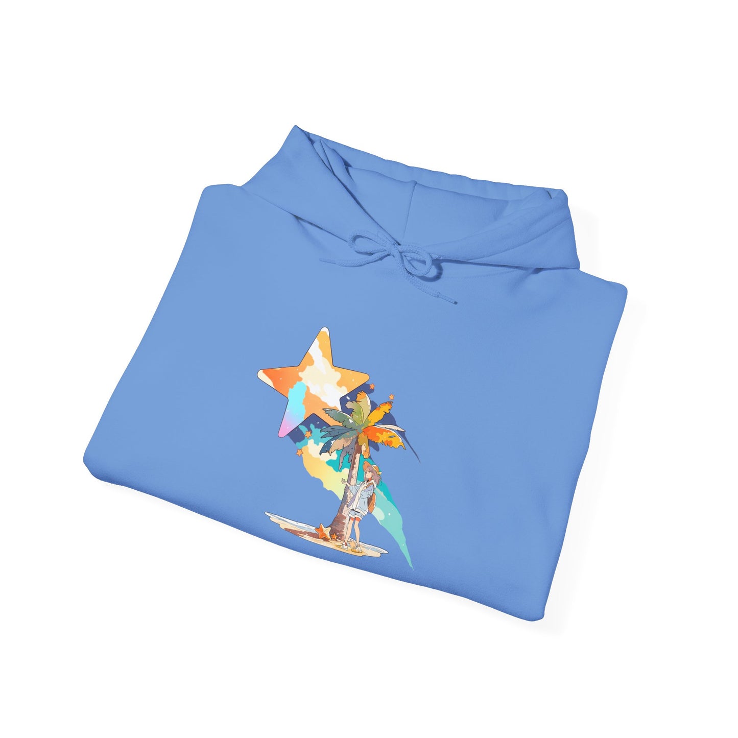 Anime Summer-Themed Unisex Heavy Blendâ„¢ Hooded Sweatshirt with Art of Girl & Coconut Tree under a Shooting Star - Warm Tropical Vibes