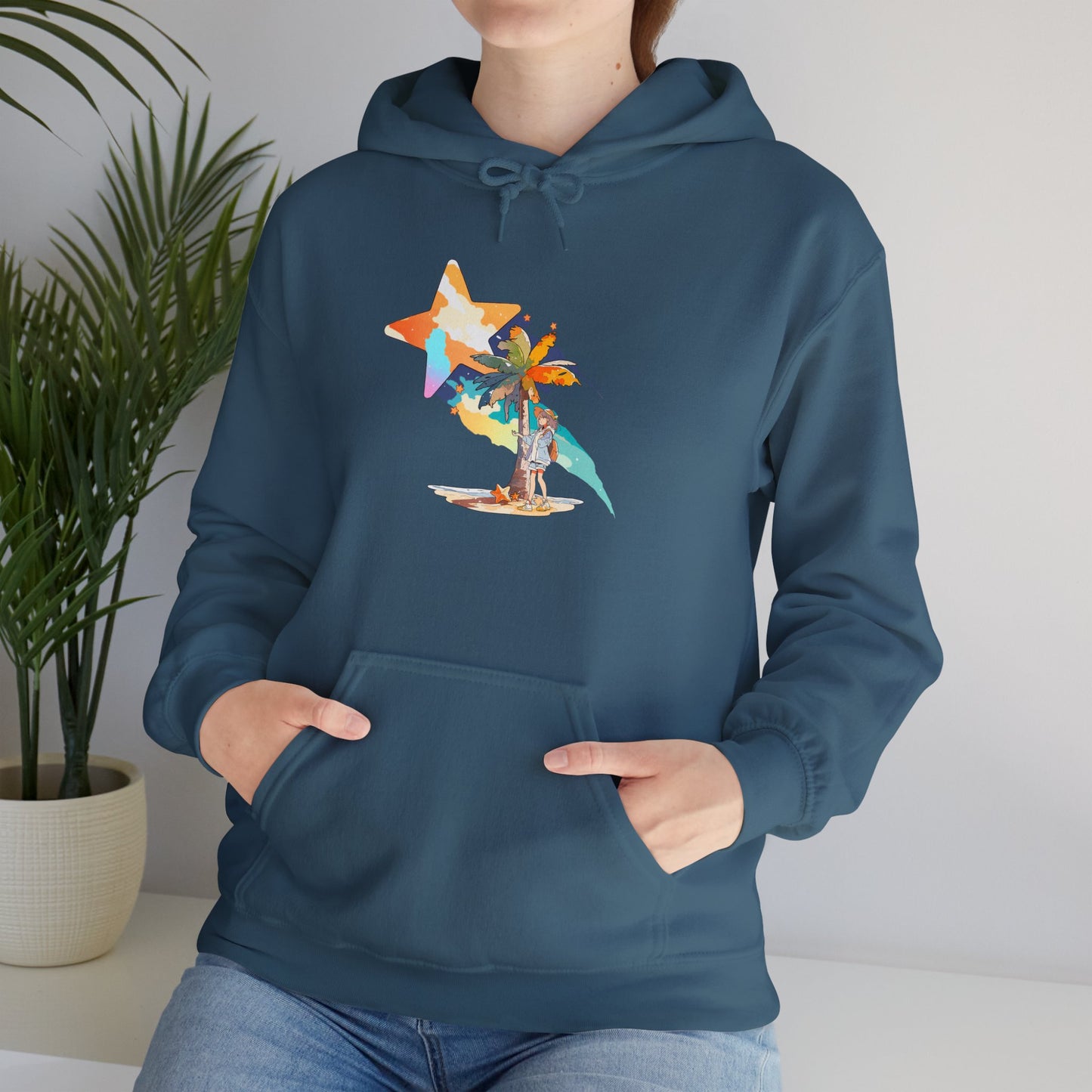 Anime Summer-Themed Unisex Heavy Blendâ„¢ Hooded Sweatshirt with Art of Girl & Coconut Tree under a Shooting Star - Warm Tropical Vibes