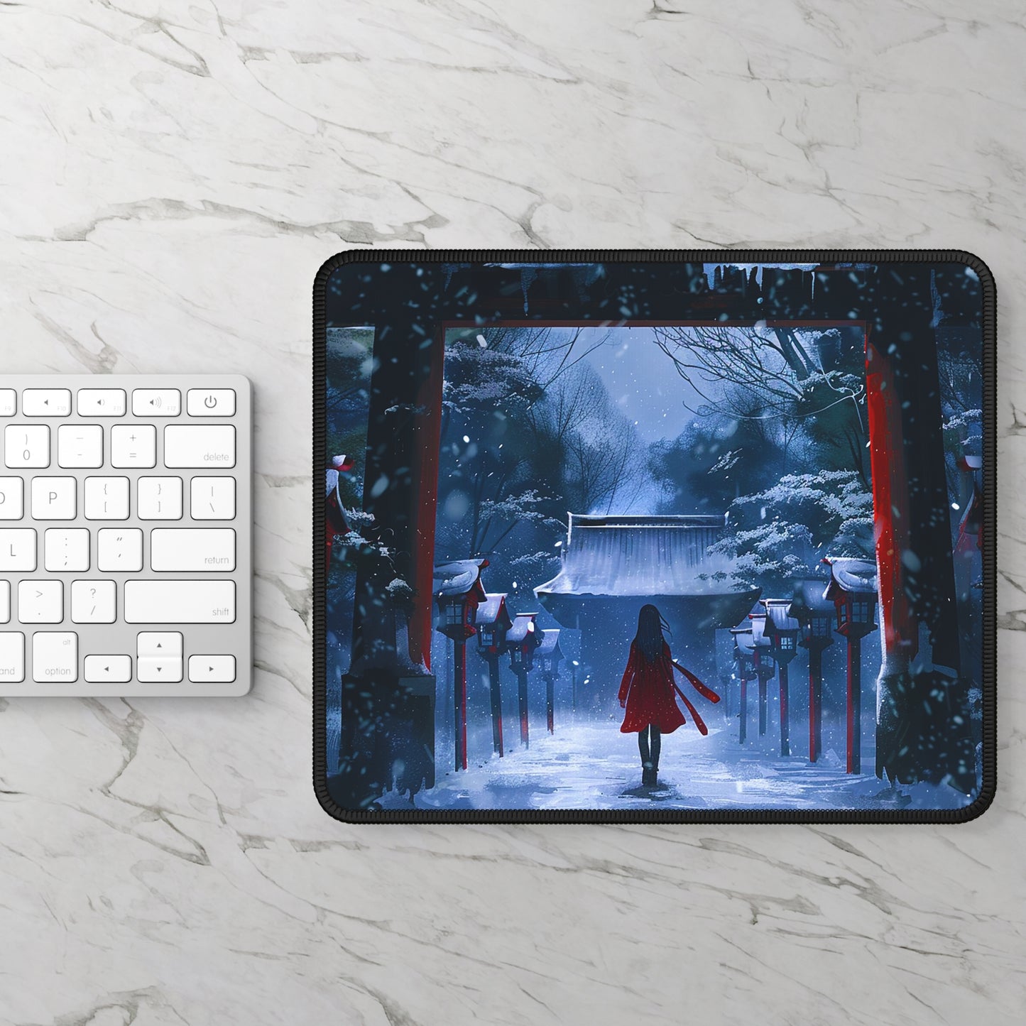Japanese Snowy Shinto Shrine Girl Gaming Mouse Pad