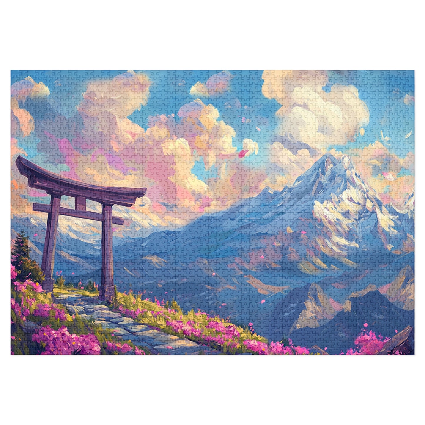 Serene Torii Gate Jigsaw Puzzle with Tin - Japanese Cherry Blossom Mountain Landscape