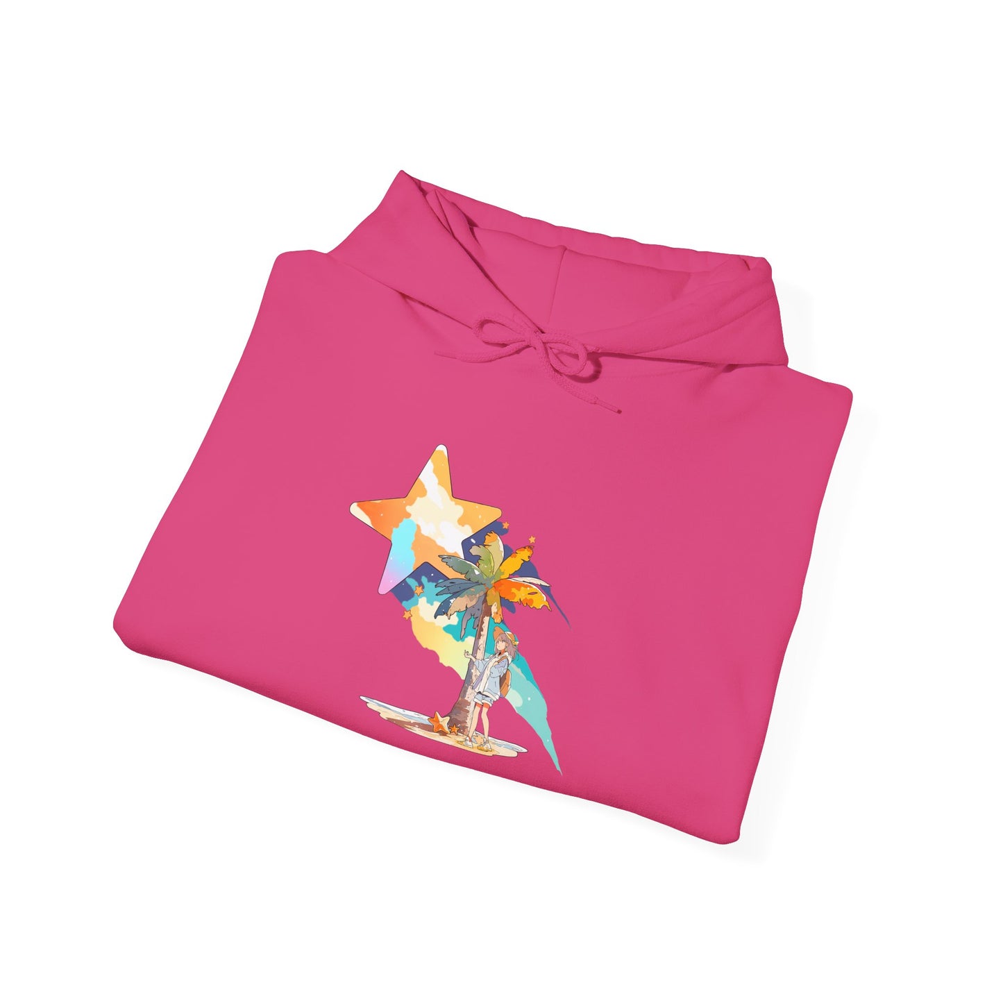 Anime Summer-Themed Unisex Heavy Blendâ„¢ Hooded Sweatshirt with Art of Girl & Coconut Tree under a Shooting Star - Warm Tropical Vibes