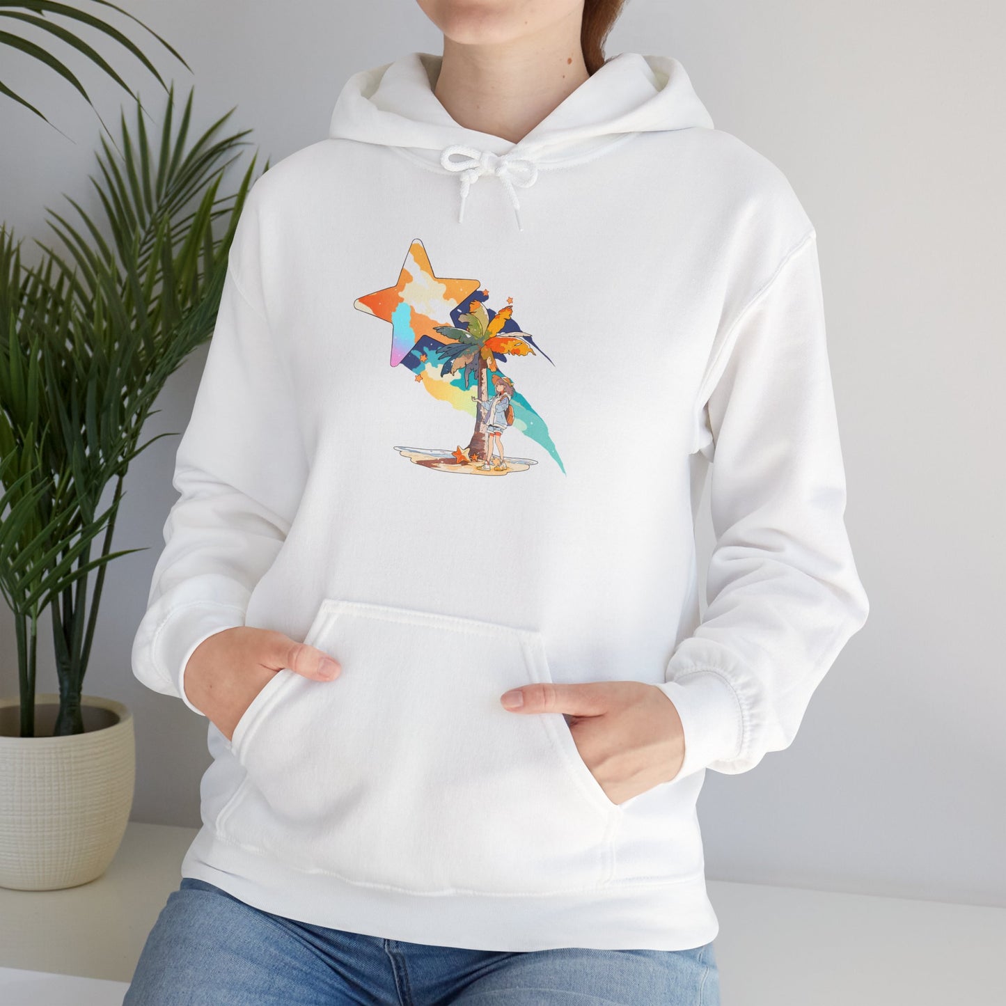 Anime Summer-Themed Unisex Heavy Blendâ„¢ Hooded Sweatshirt with Art of Girl & Coconut Tree under a Shooting Star - Warm Tropical Vibes