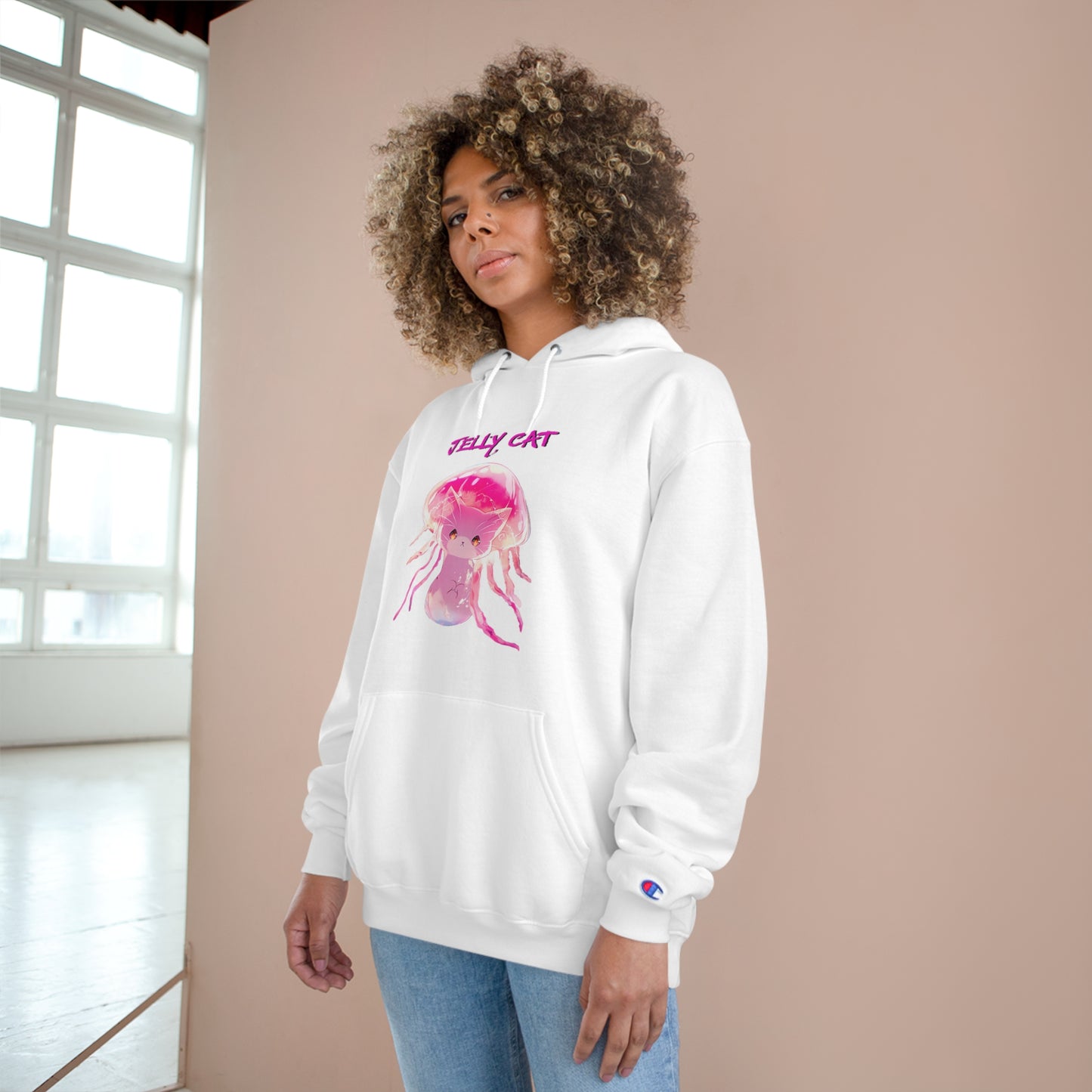 Cute Jellyfish Ghost Cat Hoodie - Pink Jellyfish Cat Design - Champion Pullover for Women & Men