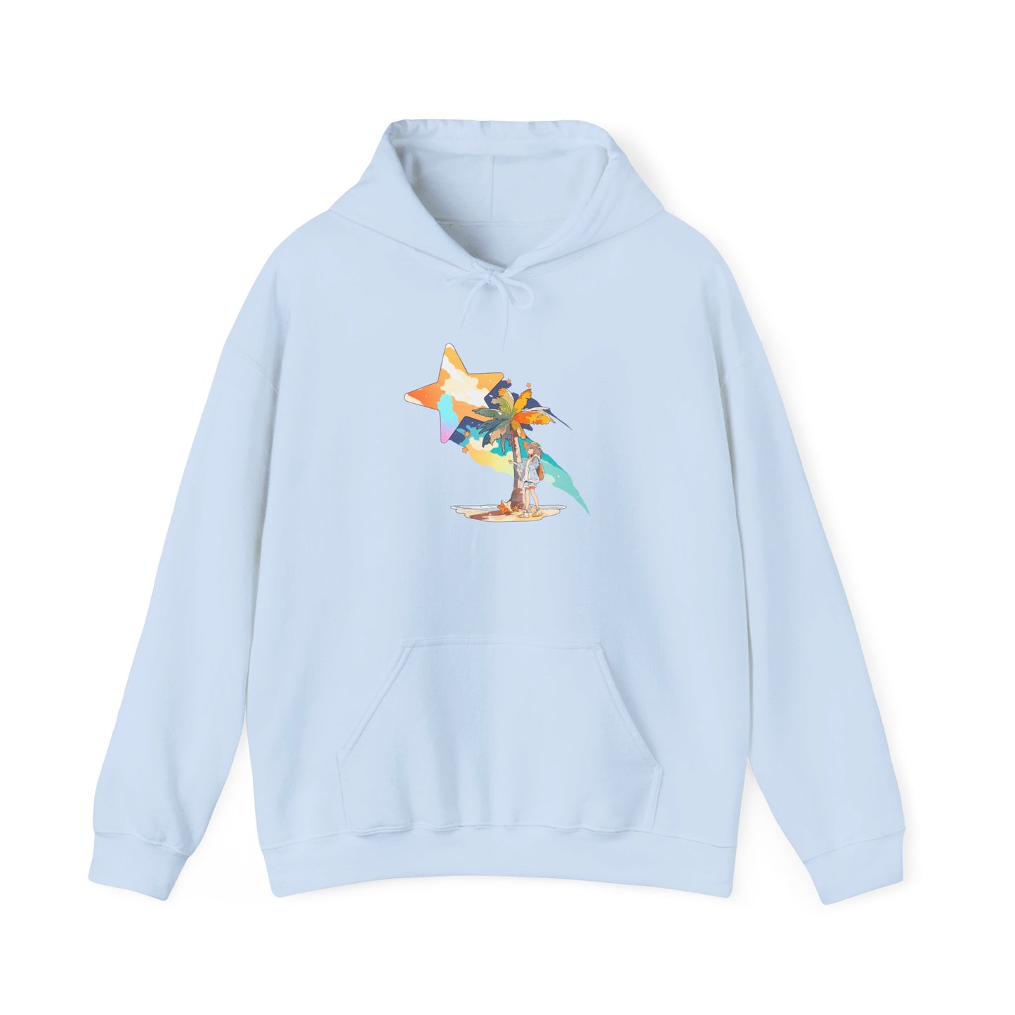 Anime Summer-Themed Unisex Heavy Blendâ„¢ Hooded Sweatshirt with Art of Girl & Coconut Tree under a Shooting Star - Warm Tropical Vibes