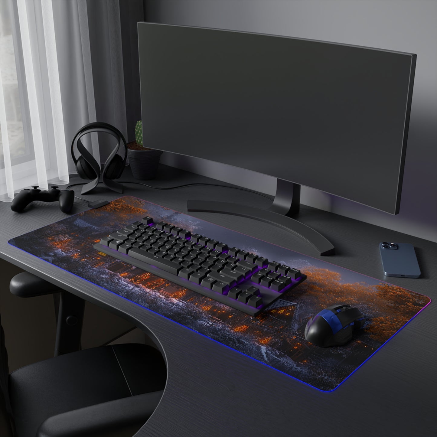 Rustic Winter Village LED Gaming Mouse Pad - Lovely Snowy Desk Mat for Gamers - Holiday Gift Idea