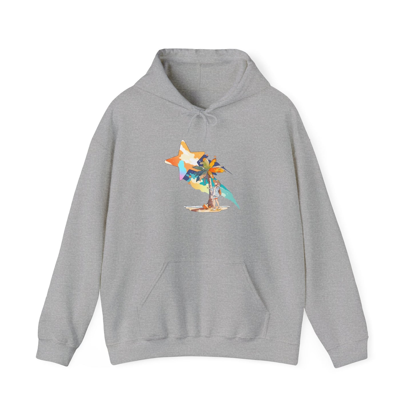 Anime Summer-Themed Unisex Heavy Blendâ„¢ Hooded Sweatshirt with Art of Girl & Coconut Tree under a Shooting Star - Warm Tropical Vibes