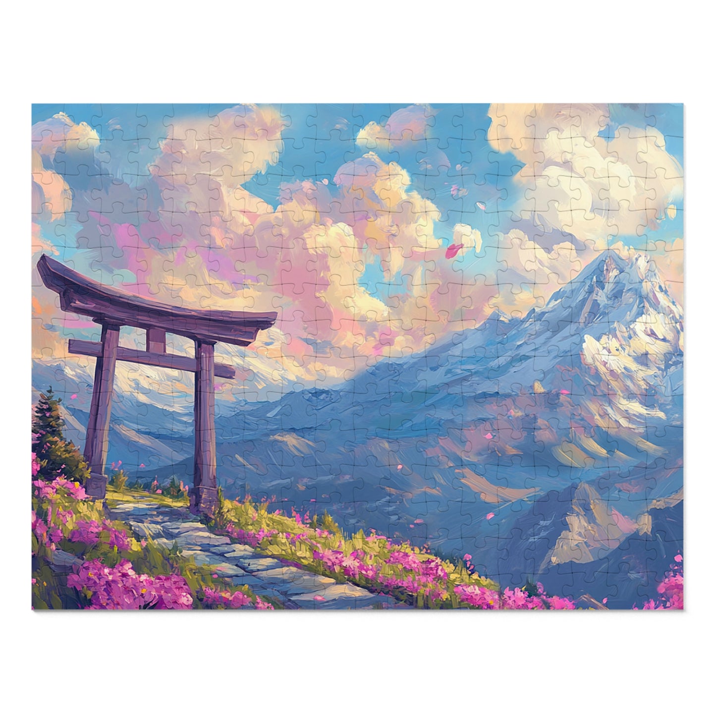 Serene Torii Gate Jigsaw Puzzle with Tin - Japanese Cherry Blossom Mountain Landscape