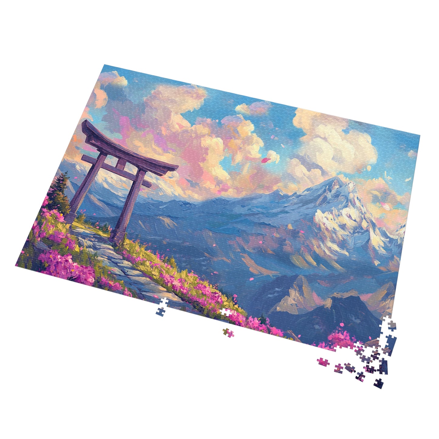 Serene Torii Gate Jigsaw Puzzle with Tin - Japanese Cherry Blossom Mountain Landscape