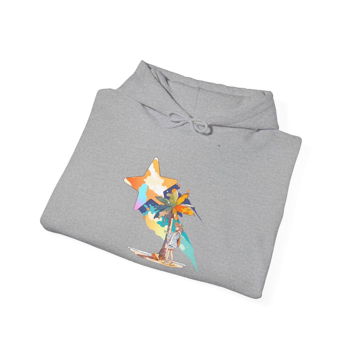 Anime Summer-Themed Unisex Heavy Blendâ„¢ Hooded Sweatshirt with Art of Girl & Coconut Tree under a Shooting Star - Warm Tropical Vibes