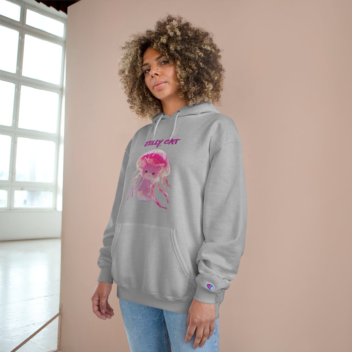 Cute Jellyfish Ghost Cat Hoodie - Pink Jellyfish Cat Design - Champion Pullover for Women & Men
