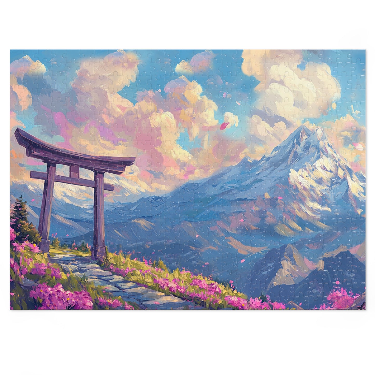 Serene Torii Gate Jigsaw Puzzle with Tin - Japanese Cherry Blossom Mountain Landscape