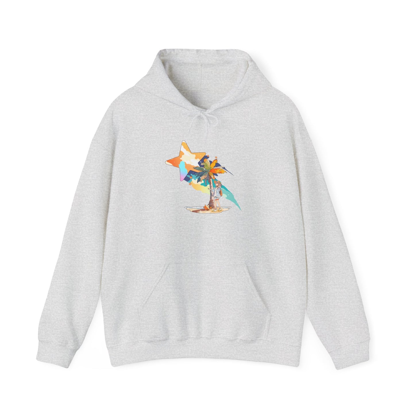 Anime Summer-Themed Unisex Heavy Blendâ„¢ Hooded Sweatshirt with Art of Girl & Coconut Tree under a Shooting Star - Warm Tropical Vibes