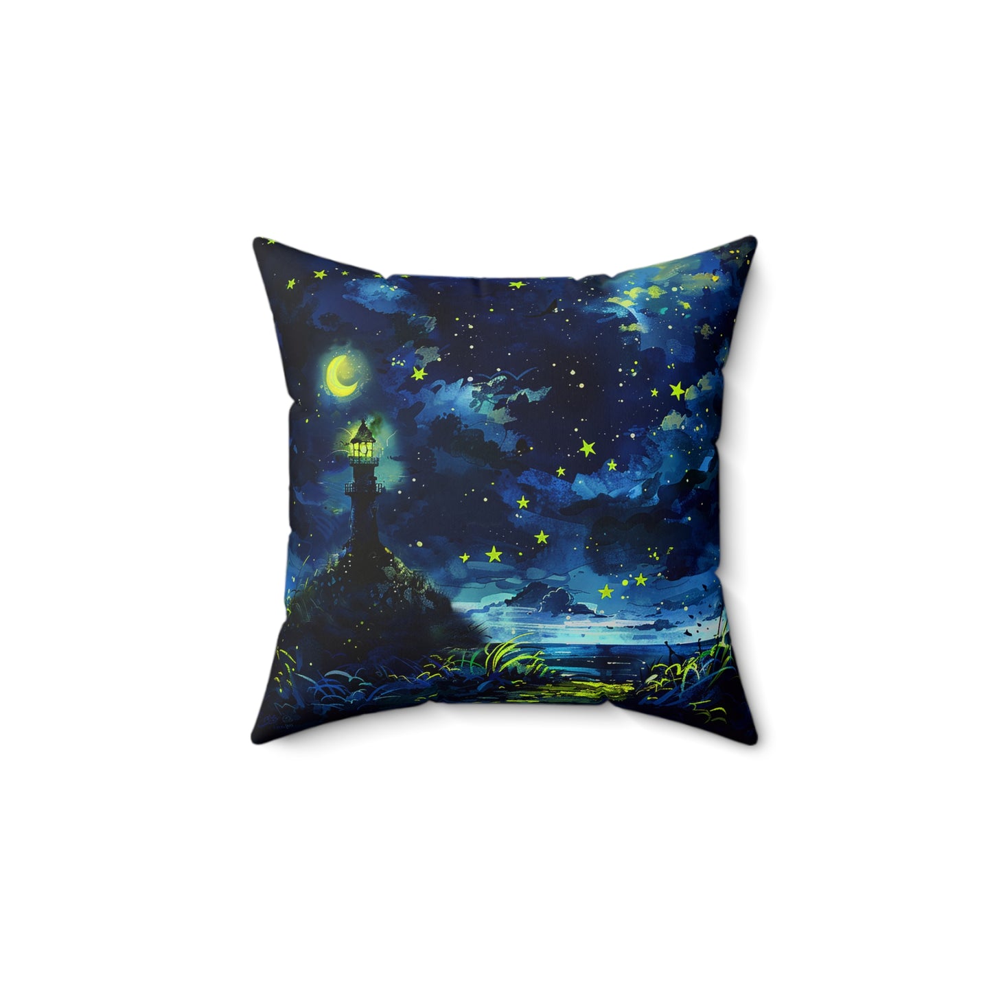 Moonlight Lighthouse Square Polyester Square Pillow