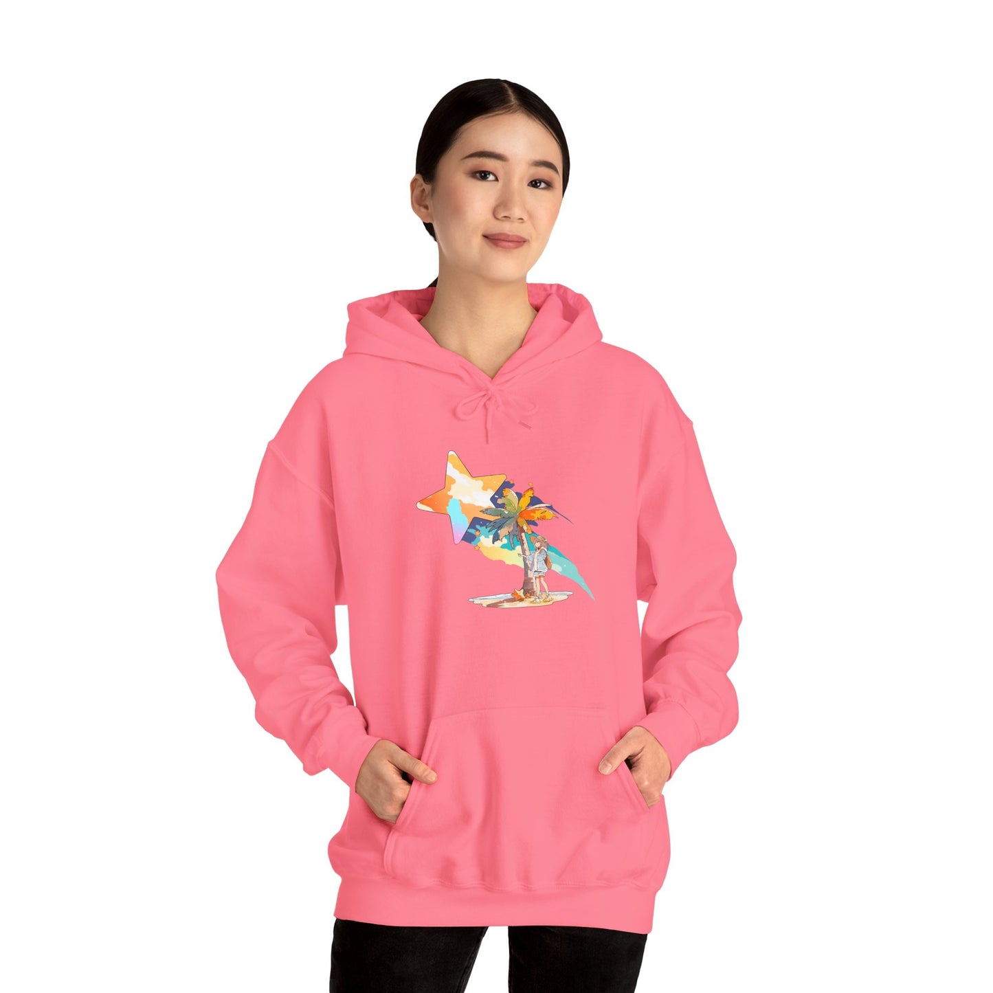 Anime Summer-Themed Unisex Heavy Blendâ„¢ Hooded Sweatshirt with Art of Girl & Coconut Tree under a Shooting Star - Warm Tropical Vibes