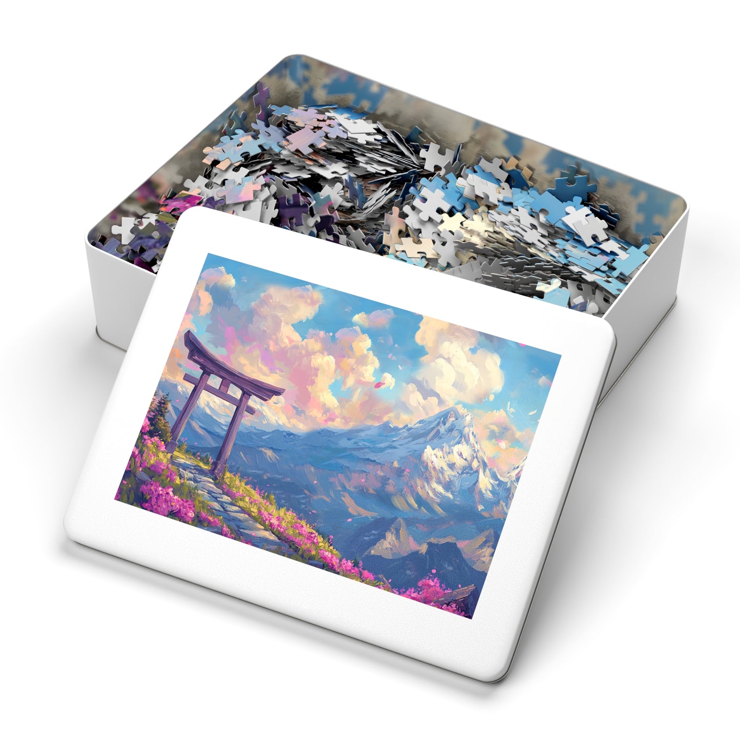 Serene Torii Gate Jigsaw Puzzle with Tin - Japanese Cherry Blossom Mountain Landscape