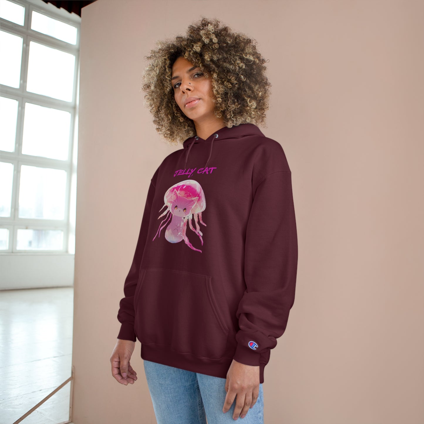Cute Jellyfish Ghost Cat Hoodie - Pink Jellyfish Cat Design - Champion Pullover for Women & Men