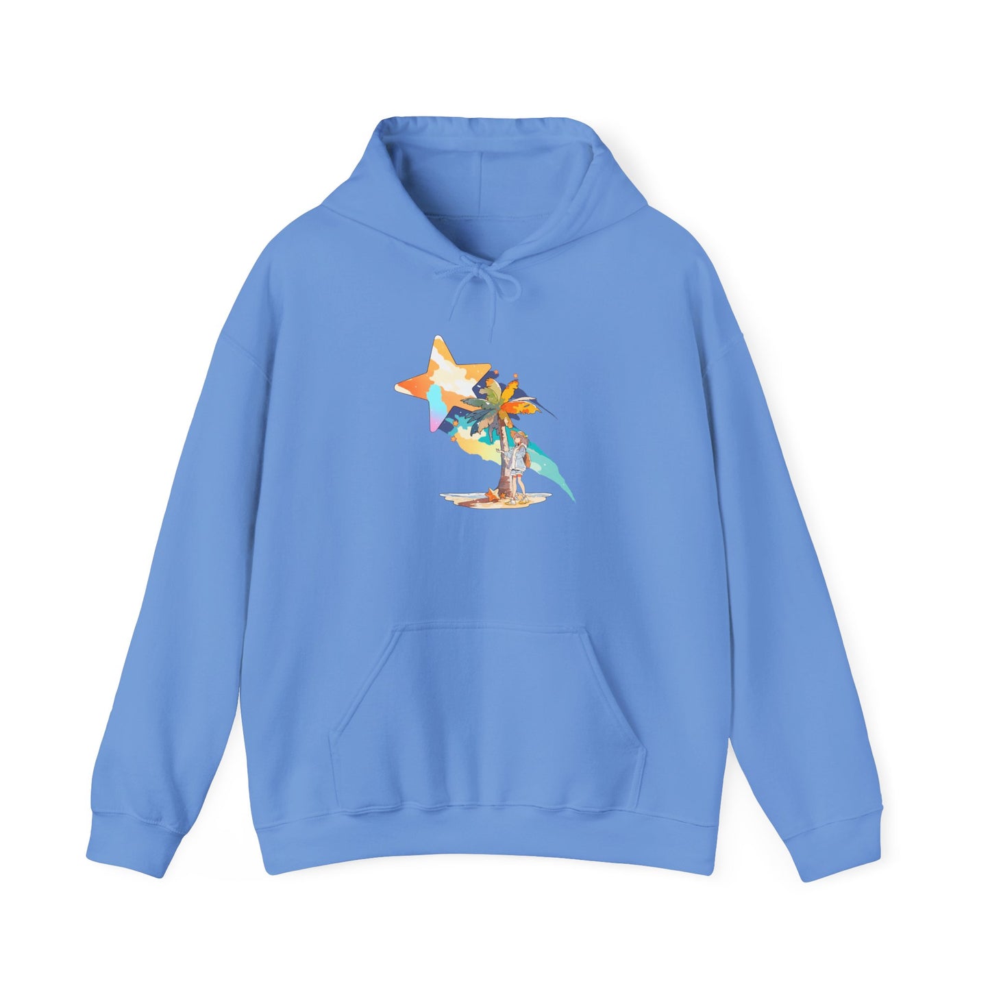 Anime Summer-Themed Unisex Heavy Blendâ„¢ Hooded Sweatshirt with Art of Girl & Coconut Tree under a Shooting Star - Warm Tropical Vibes