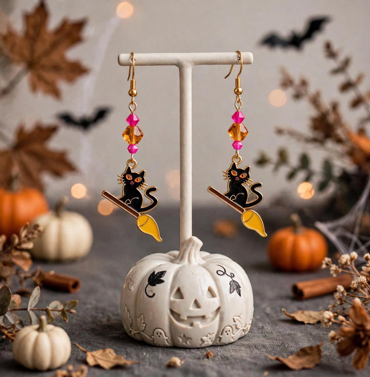 Black Cat on Broom Enamel Earrings - Halloween Dangle Jewelry