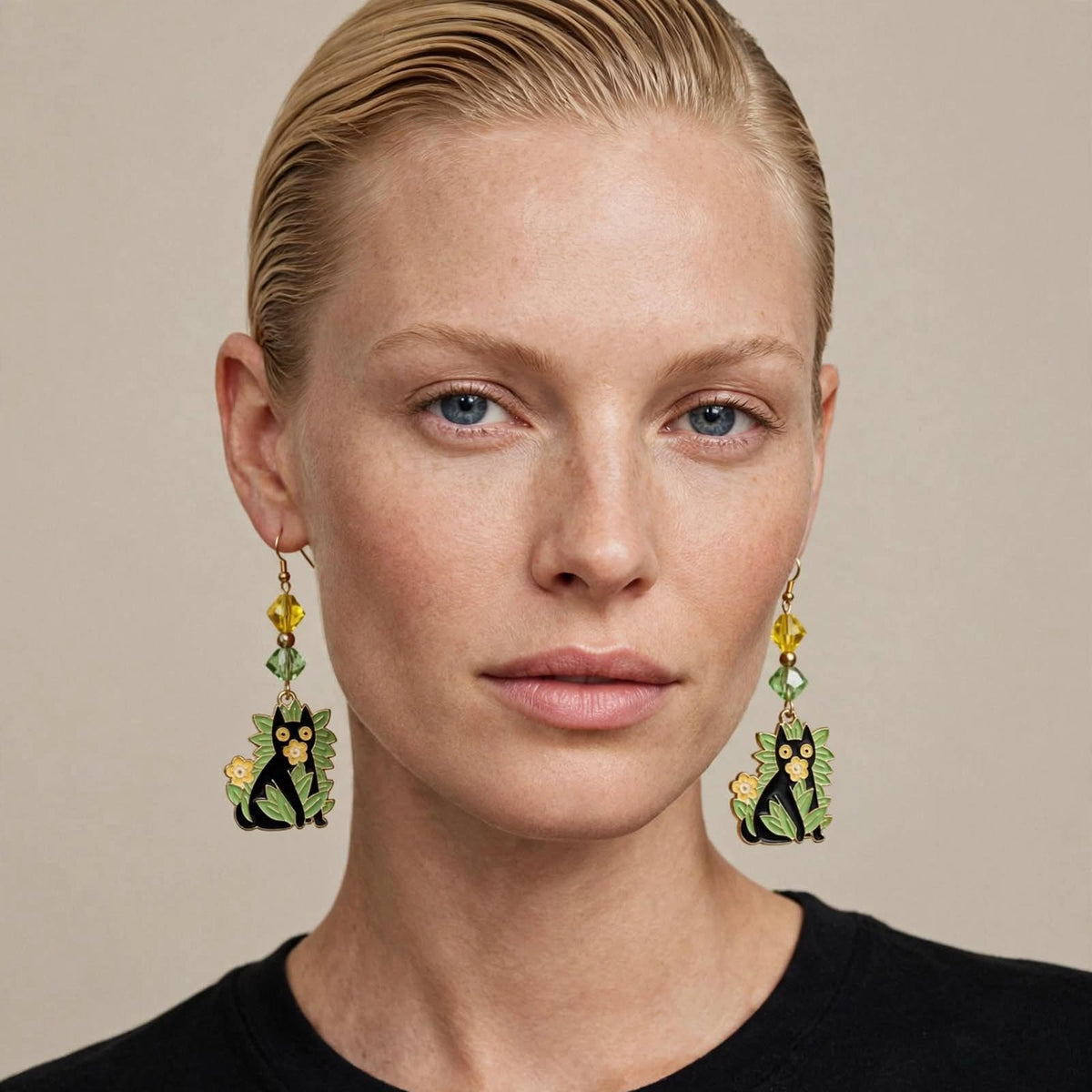 Flower Garden Black Cat Enamel Earrings - Whimsical Dangle Jewelry