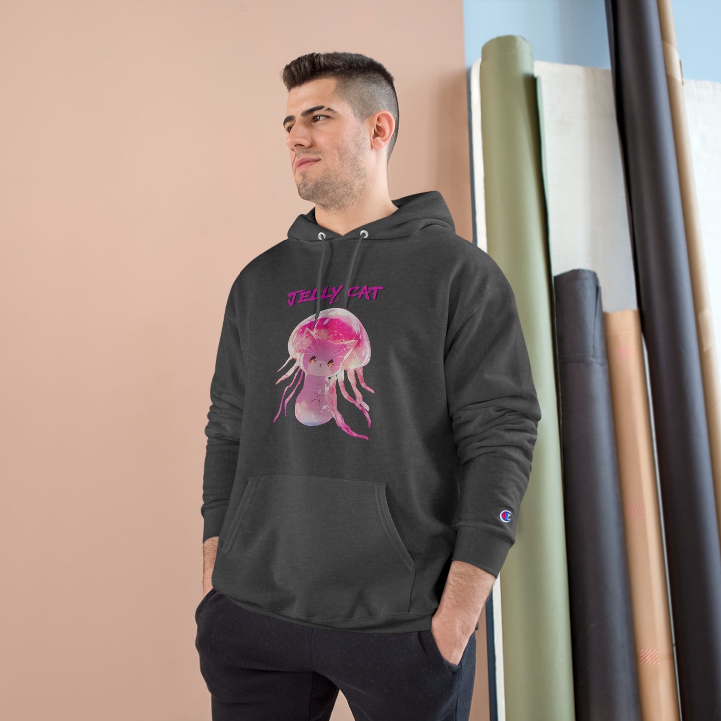 Cute Jellyfish Ghost Cat Hoodie - Pink Jellyfish Cat Design - Champion Pullover for Women & Men