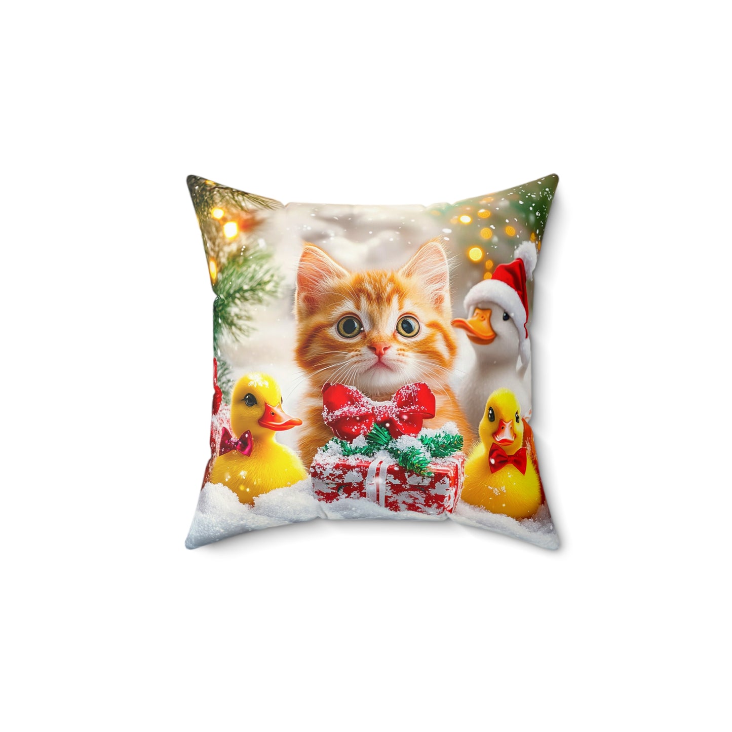 Christmas Cat with Ducks Spun Polyester Square Pillow