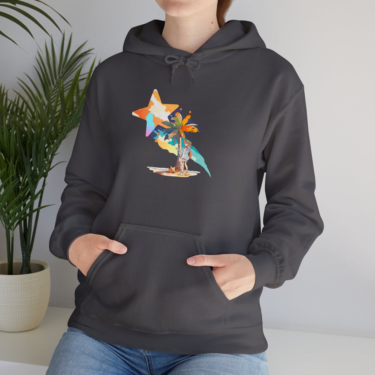Anime Summer-Themed Unisex Heavy Blendâ„¢ Hooded Sweatshirt with Art of Girl & Coconut Tree under a Shooting Star - Warm Tropical Vibes