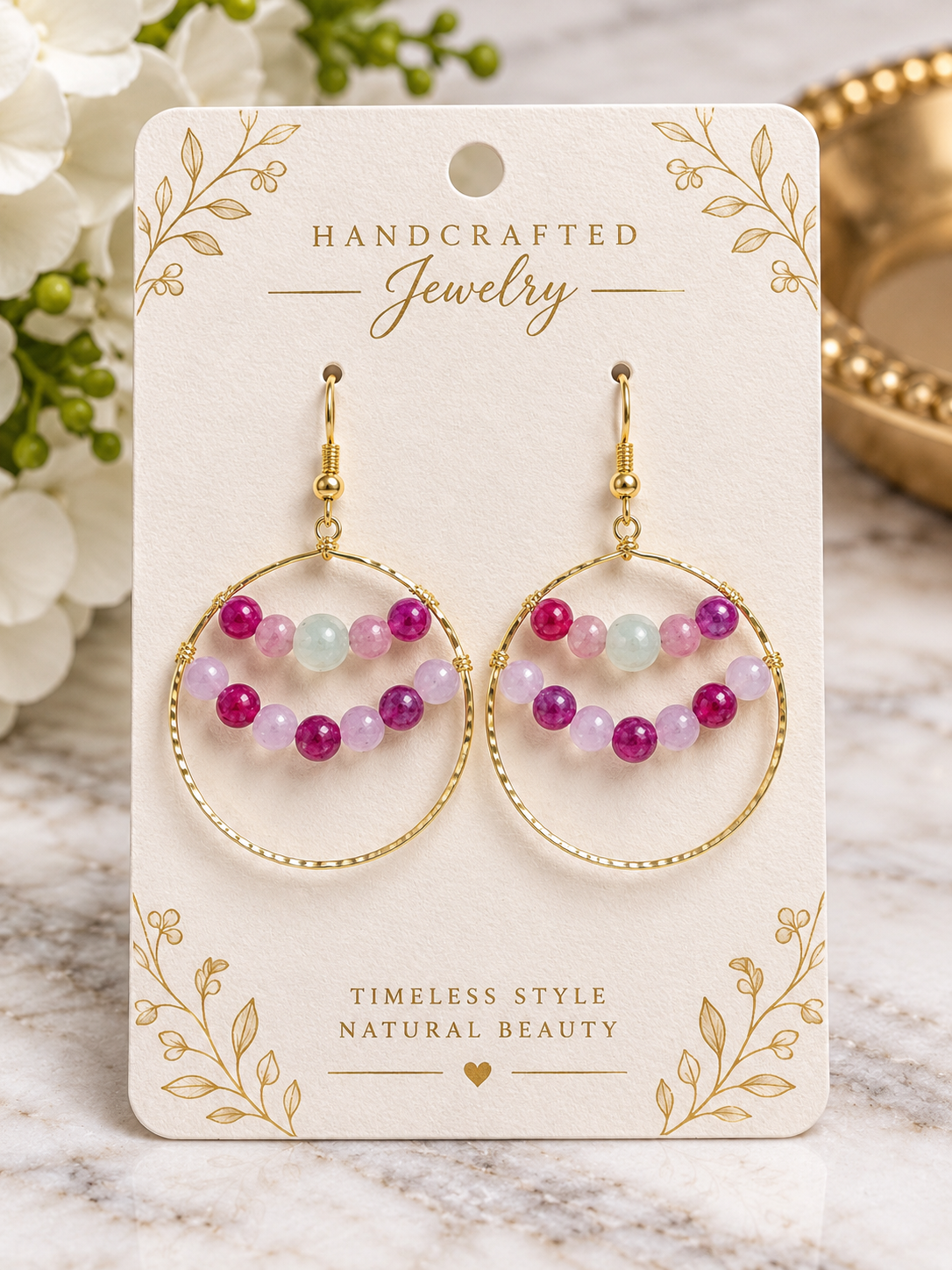 Handcrafted Gold Gemstone Hoop Earrings - Pink Purple Double Row Beaded Hoops